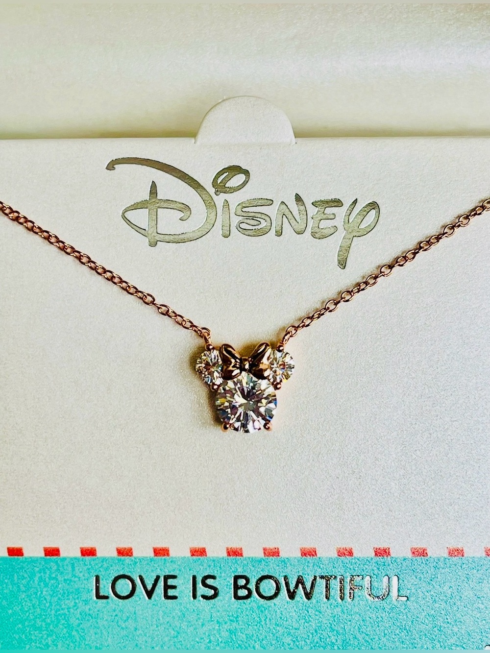 DISNEY MINNIE MOUSE HEAD BOW CRYSTAL RHINESTONE ROSE GOLD TONE PENDANT NECKLACE